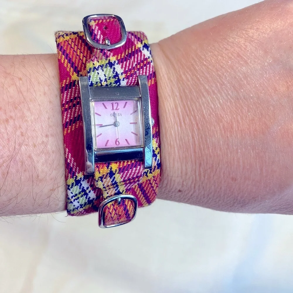 Working! Vintage Y2k Guess Pink Plaid Fabric Watch